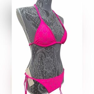 Y2K Neon Pink Triangle Bikini Top Halter Tie Medium fits small